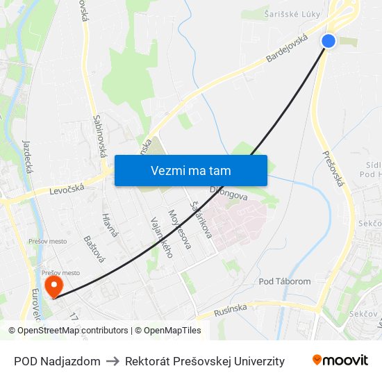 POD Nadjazdom to Rektorát Prešovskej Univerzity map