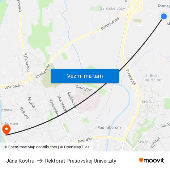 Jána Kostru to Rektorát Prešovskej Univerzity map