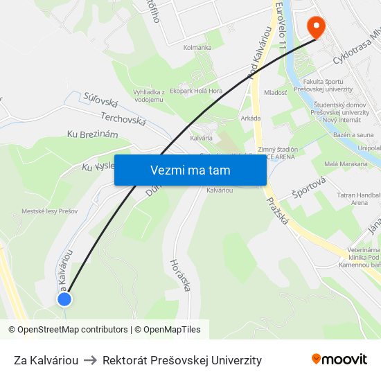 Za Kalváriou to Rektorát Prešovskej Univerzity map