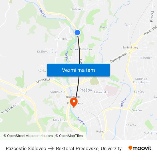 Rázcestie Šidlovec to Rektorát Prešovskej Univerzity map