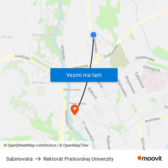 Sabinovská to Rektorát Prešovskej Univerzity map