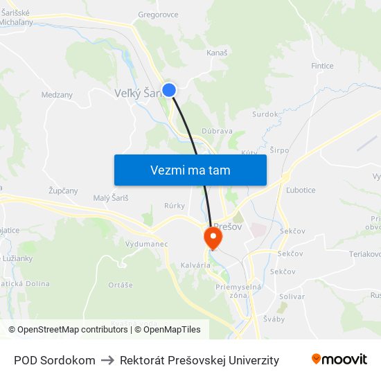 POD Sordokom to Rektorát Prešovskej Univerzity map