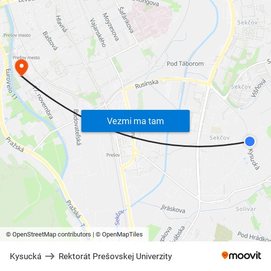 Kysucká to Rektorát Prešovskej Univerzity map