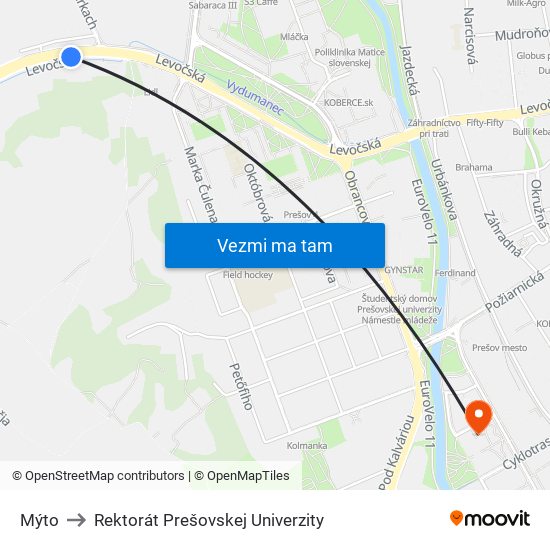 Mýto to Rektorát Prešovskej Univerzity map