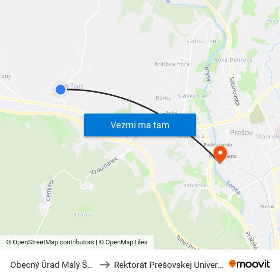 Obecný Úrad Malý Šariš to Rektorát Prešovskej Univerzity map