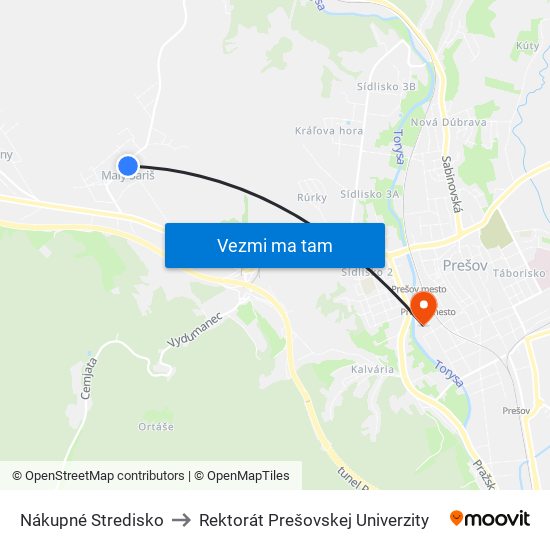 Nákupné Stredisko to Rektorát Prešovskej Univerzity map