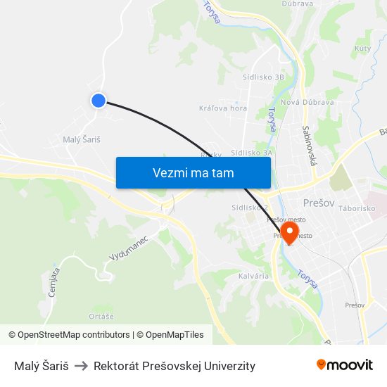 Malý Šariš to Rektorát Prešovskej Univerzity map