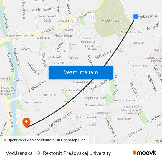 Vodárenská to Rektorát Prešovskej Univerzity map
