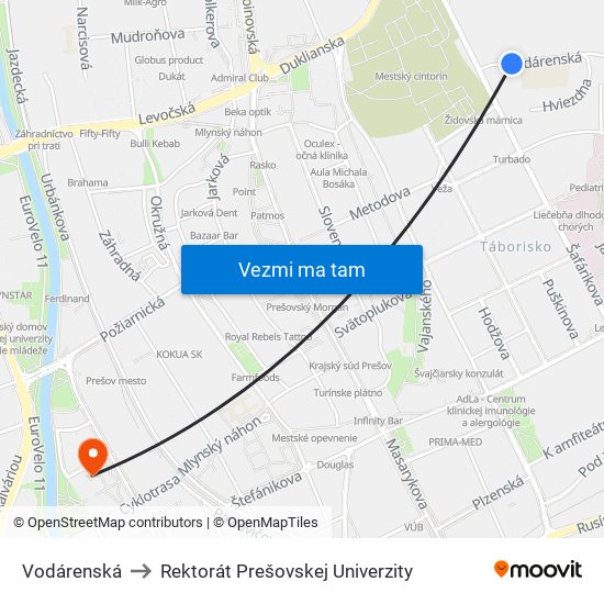 Vodárenská to Rektorát Prešovskej Univerzity map