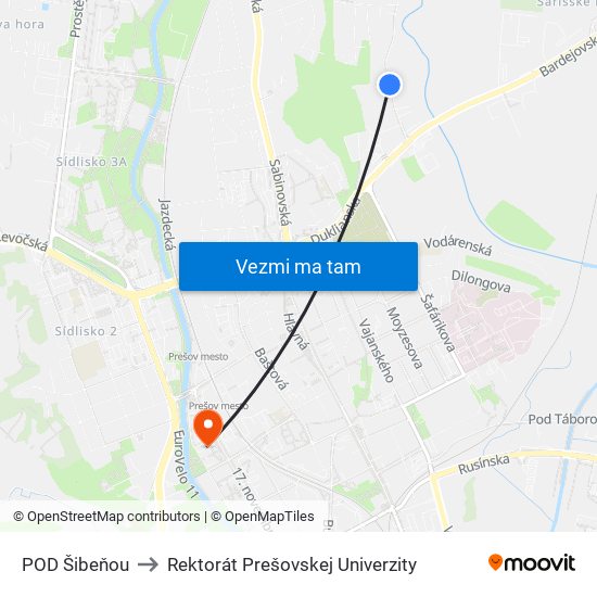 POD Šibeňou to Rektorát Prešovskej Univerzity map