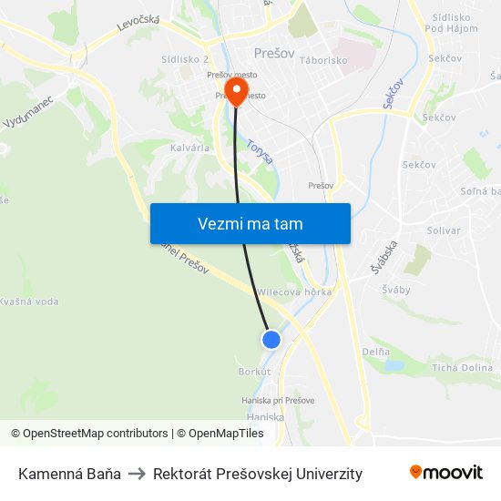 Kamenná Baňa to Rektorát Prešovskej Univerzity map