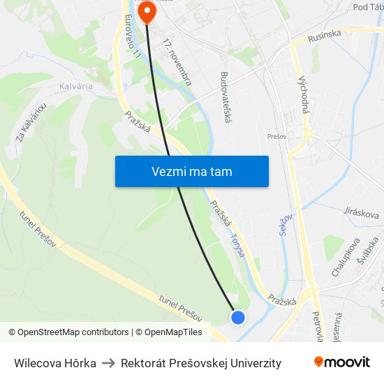 Wilecova Hôrka to Rektorát Prešovskej Univerzity map