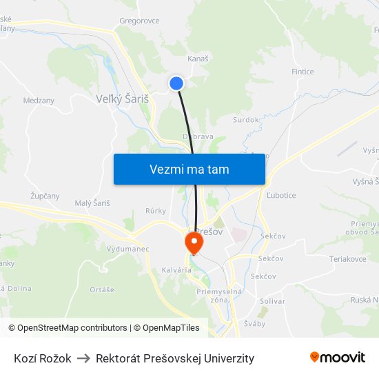 Kozí Rožok to Rektorát Prešovskej Univerzity map