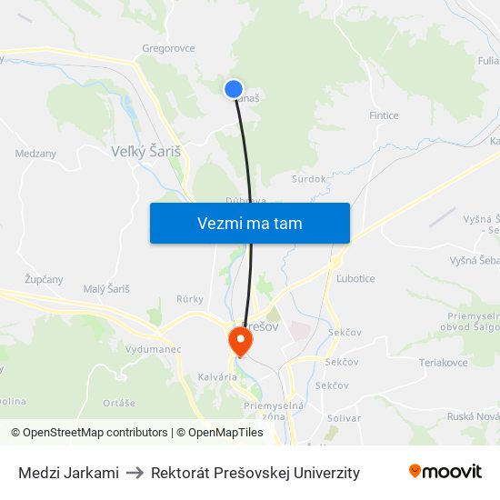 Medzi Jarkami to Rektorát Prešovskej Univerzity map