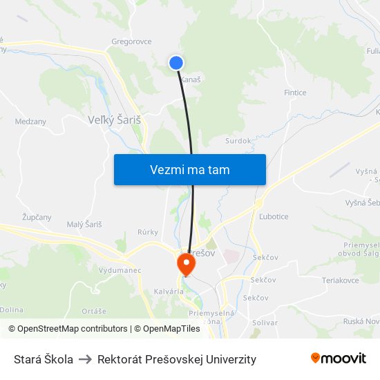 Stará Škola to Rektorát Prešovskej Univerzity map