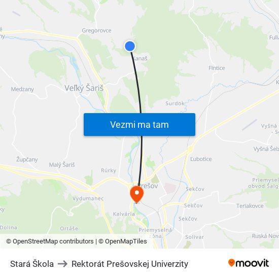 Stará Škola to Rektorát Prešovskej Univerzity map