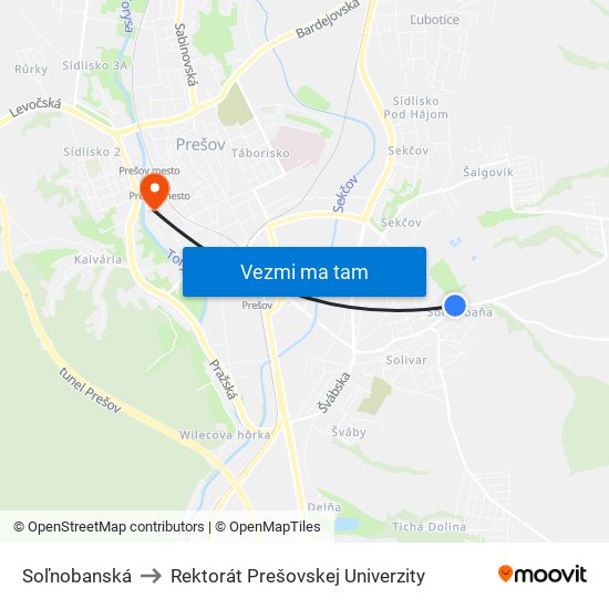 Soľnobanská to Rektorát Prešovskej Univerzity map
