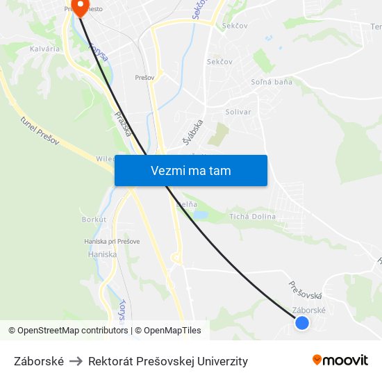 Záborské to Rektorát Prešovskej Univerzity map