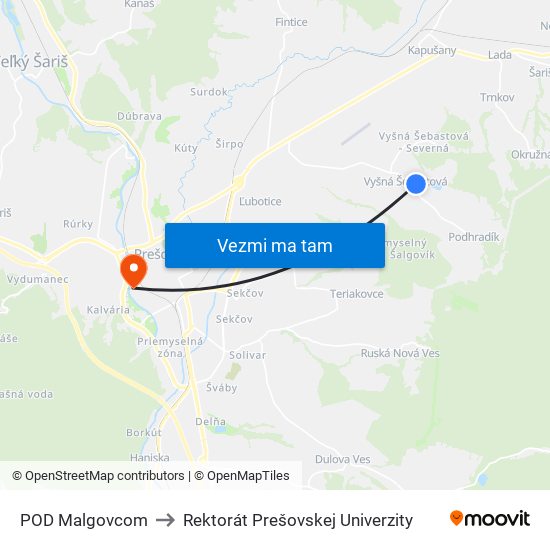 POD Malgovcom to Rektorát Prešovskej Univerzity map