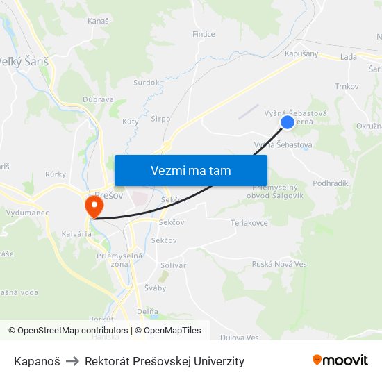 Kapanoš to Rektorát Prešovskej Univerzity map