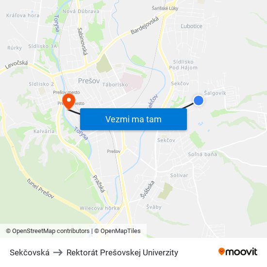 Sekčovská to Rektorát Prešovskej Univerzity map