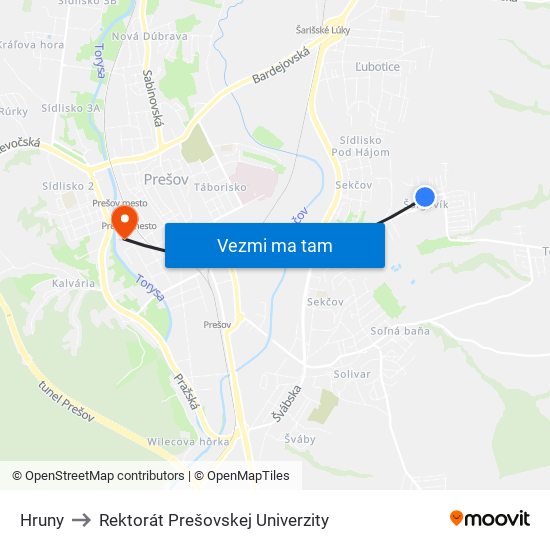 Hruny to Rektorát Prešovskej Univerzity map