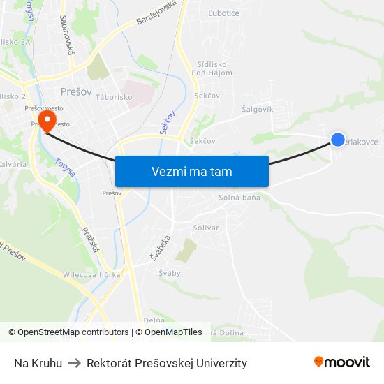 Na Kruhu to Rektorát Prešovskej Univerzity map