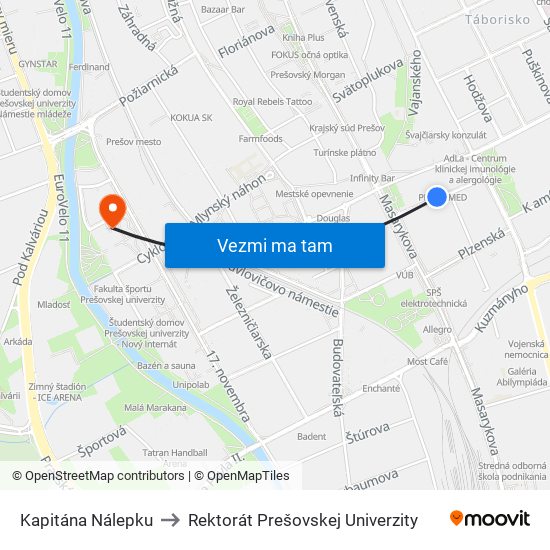 Kapitána Nálepku to Rektorát Prešovskej Univerzity map