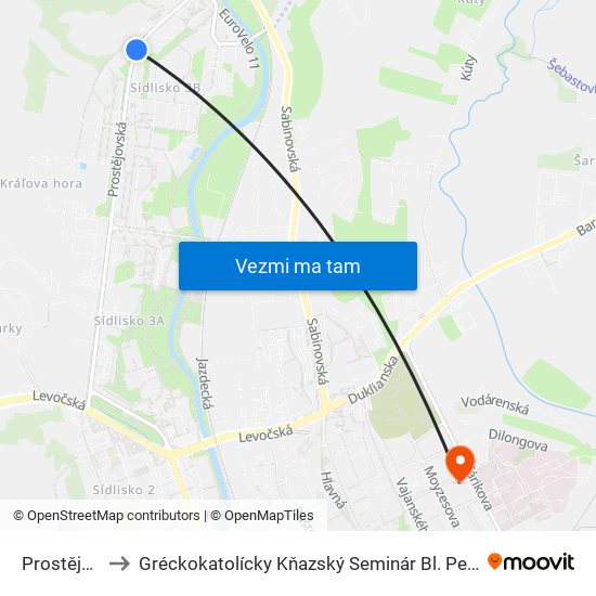 Prostějovská to Gréckokatolícky Kňazský Seminár Bl. Petra Pavla Gojdiča map