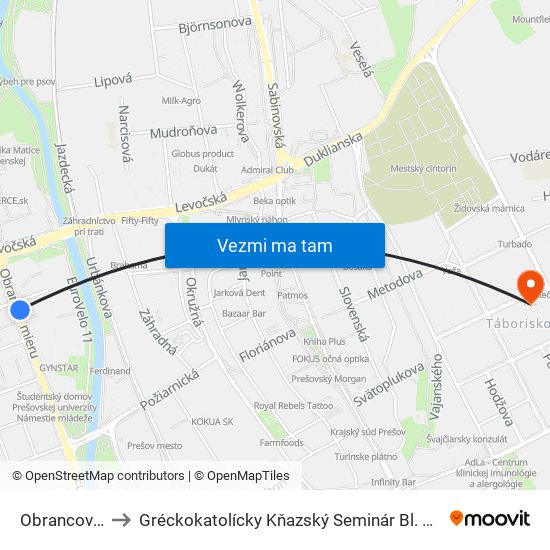 Obrancov Mieru to Gréckokatolícky Kňazský Seminár Bl. Petra Pavla Gojdiča map