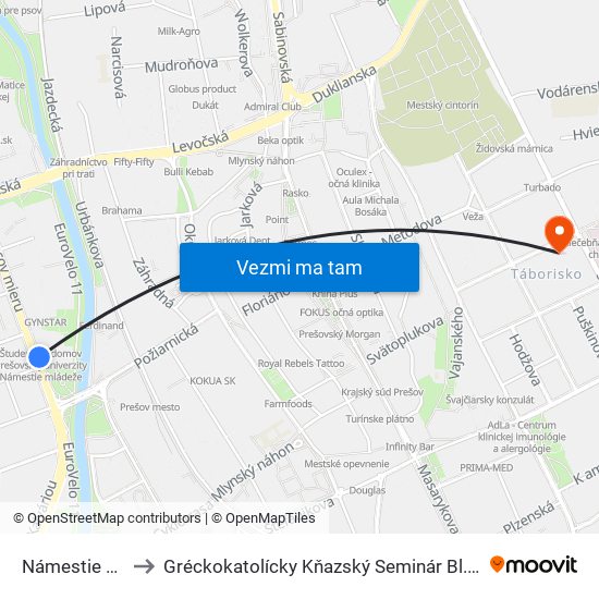 Námestie Mládeže to Gréckokatolícky Kňazský Seminár Bl. Petra Pavla Gojdiča map