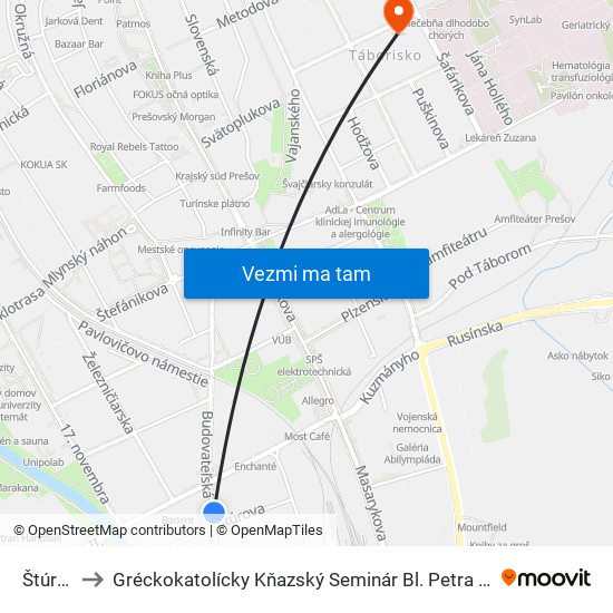 Štúrova to Gréckokatolícky Kňazský Seminár Bl. Petra Pavla Gojdiča map