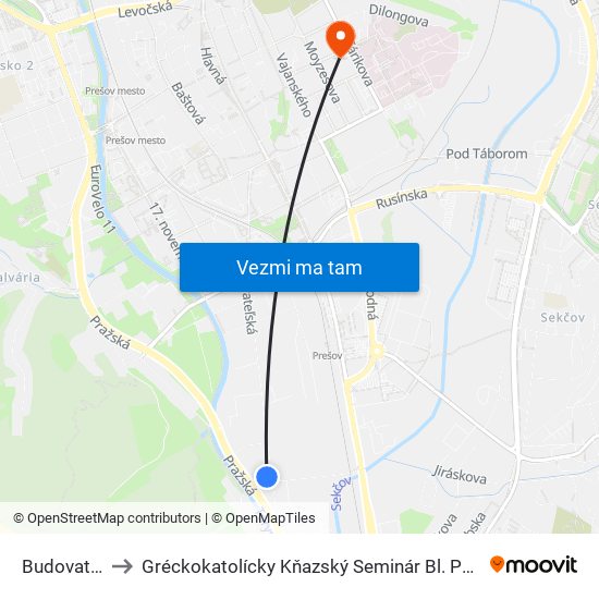 Budovateľská to Gréckokatolícky Kňazský Seminár Bl. Petra Pavla Gojdiča map