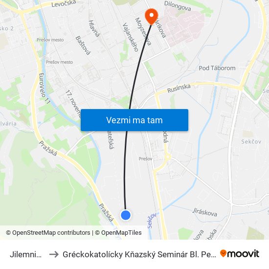 Jilemnického to Gréckokatolícky Kňazský Seminár Bl. Petra Pavla Gojdiča map