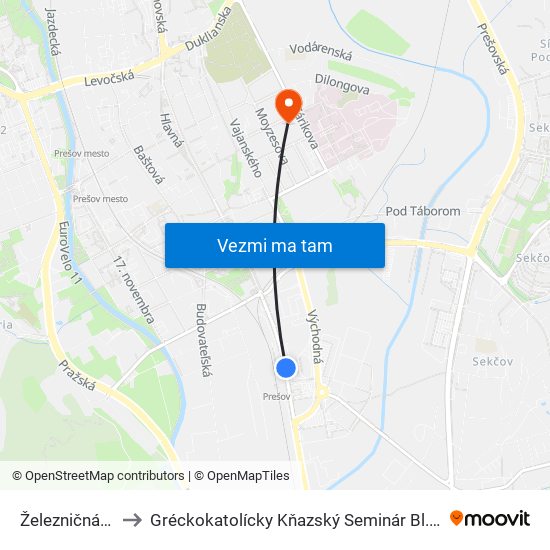 Železničná Stanica to Gréckokatolícky Kňazský Seminár Bl. Petra Pavla Gojdiča map