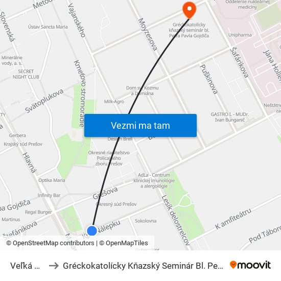 Veľká Pošta to Gréckokatolícky Kňazský Seminár Bl. Petra Pavla Gojdiča map