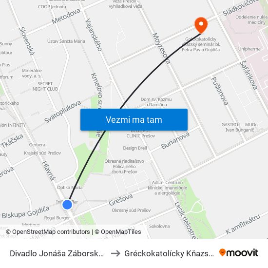 Divadlo Jonáša Záborského (Veľká Pošta - Smer Veľký Šariš) to Gréckokatolícky Kňazský Seminár Bl. Petra Pavla Gojdiča map