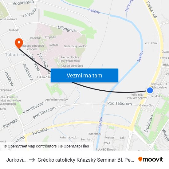 Jurkovičova to Gréckokatolícky Kňazský Seminár Bl. Petra Pavla Gojdiča map