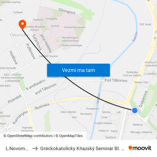 L.Novomeského to Gréckokatolícky Kňazský Seminár Bl. Petra Pavla Gojdiča map