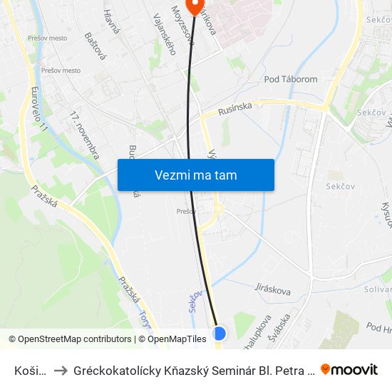 Košická to Gréckokatolícky Kňazský Seminár Bl. Petra Pavla Gojdiča map