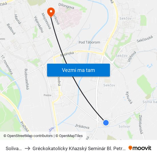 Solivarská to Gréckokatolícky Kňazský Seminár Bl. Petra Pavla Gojdiča map