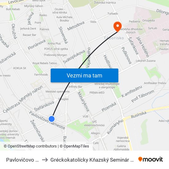 Pavlovičovo Námestie to Gréckokatolícky Kňazský Seminár Bl. Petra Pavla Gojdiča map