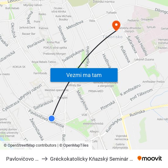 Pavlovičovo Námestie to Gréckokatolícky Kňazský Seminár Bl. Petra Pavla Gojdiča map