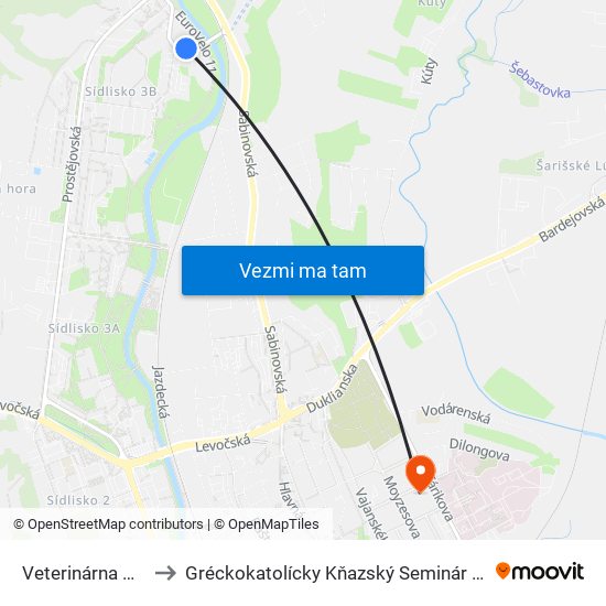 Veterinárna Nemocnica to Gréckokatolícky Kňazský Seminár Bl. Petra Pavla Gojdiča map