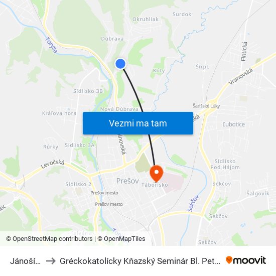 Jánošíkova to Gréckokatolícky Kňazský Seminár Bl. Petra Pavla Gojdiča map