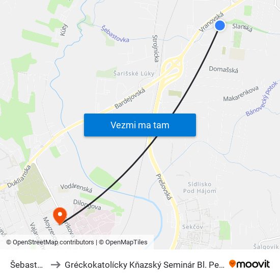 Šebastovská to Gréckokatolícky Kňazský Seminár Bl. Petra Pavla Gojdiča map