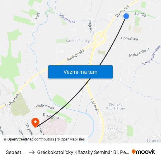 Šebastovská to Gréckokatolícky Kňazský Seminár Bl. Petra Pavla Gojdiča map