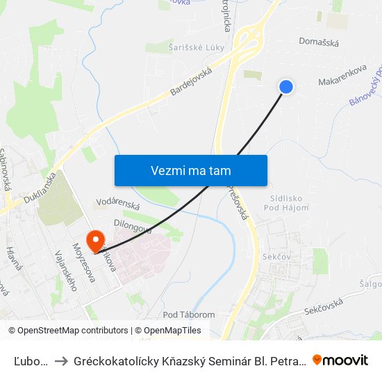 Ľubotice to Gréckokatolícky Kňazský Seminár Bl. Petra Pavla Gojdiča map