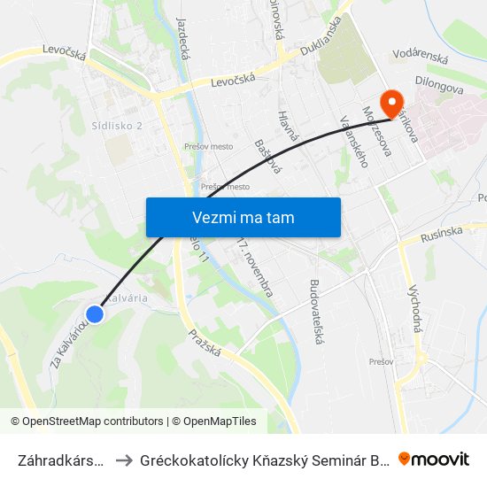 Záhradkárska Osada to Gréckokatolícky Kňazský Seminár Bl. Petra Pavla Gojdiča map