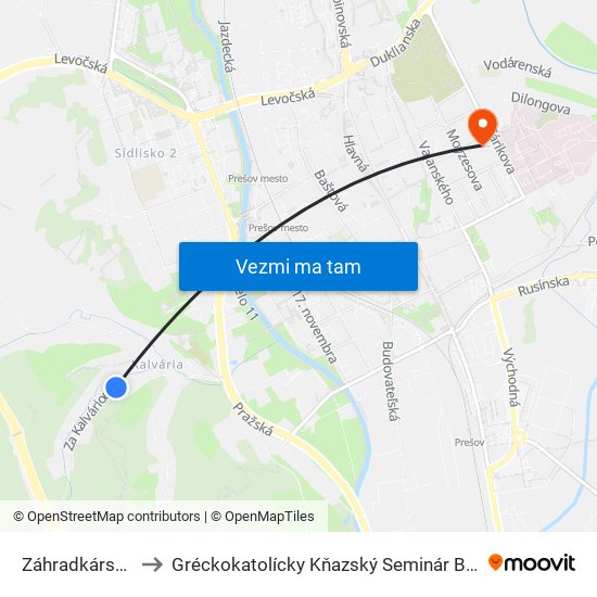 Záhradkárska Osada to Gréckokatolícky Kňazský Seminár Bl. Petra Pavla Gojdiča map